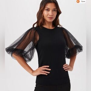 Trina Turk Elegant Black Top with Sheer Puff Sleeves